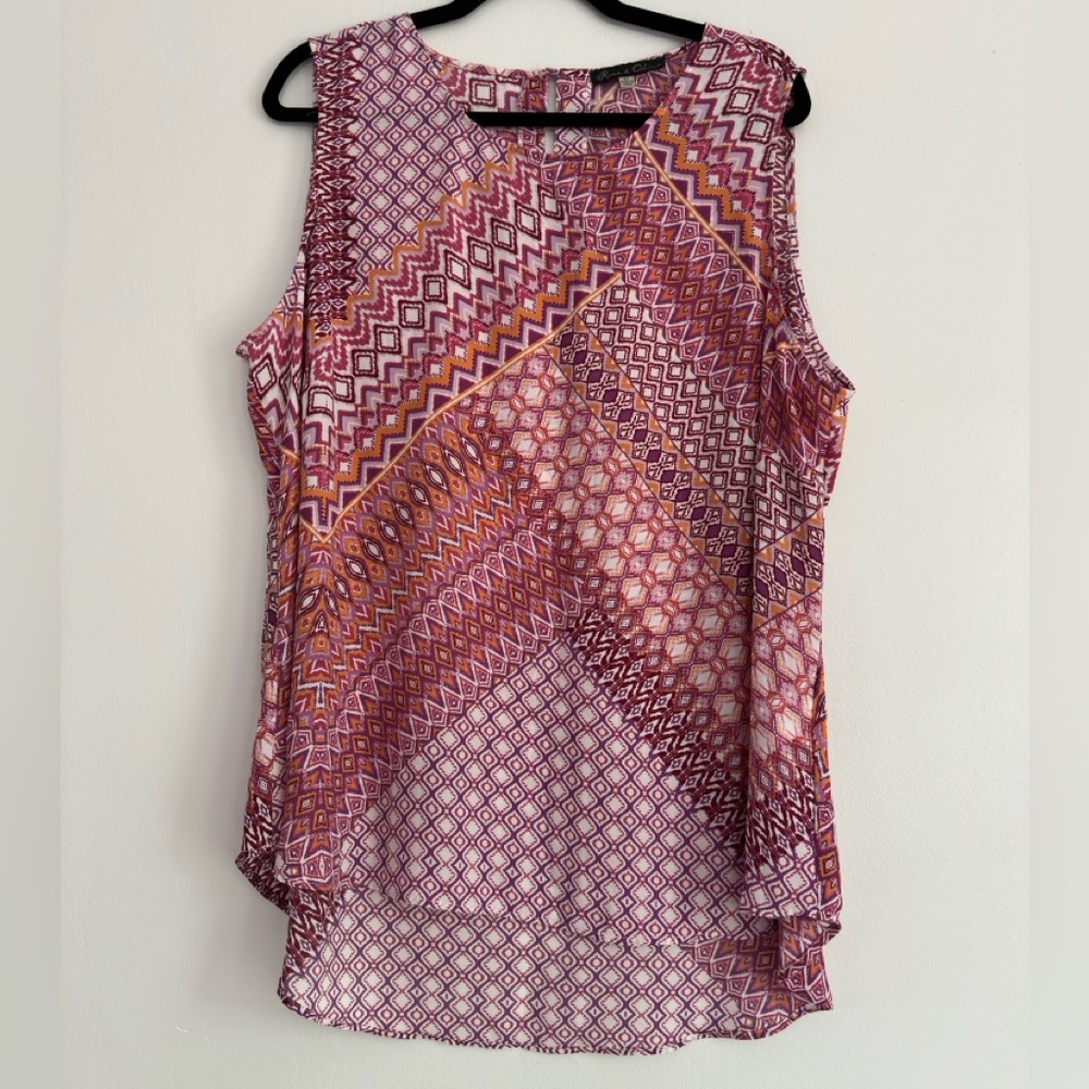 Rose & Olive Geometric Chevron Print Sleeveless High Low Blouse Purple Orange 2X